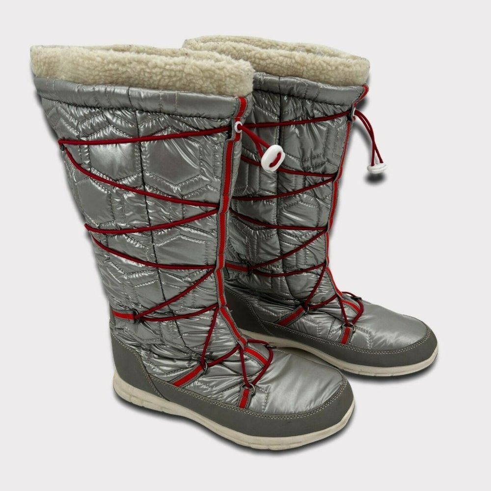 Vibram Silver & red US Ski Team insulated lined mid calf moon boots size 10